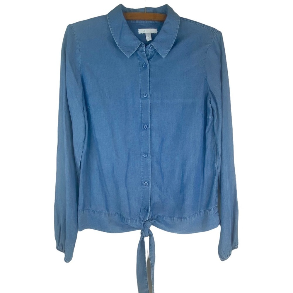 LC Lauren Conrad Soft Chambray Denim Button-Up Top With Front Ties, EUC Size S